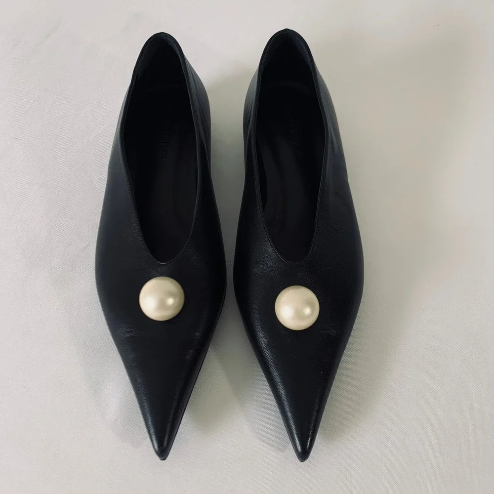 Magda Butrym Pearl Embellished Leather Ballet Flats Women 37.5 Black Pointed Toe